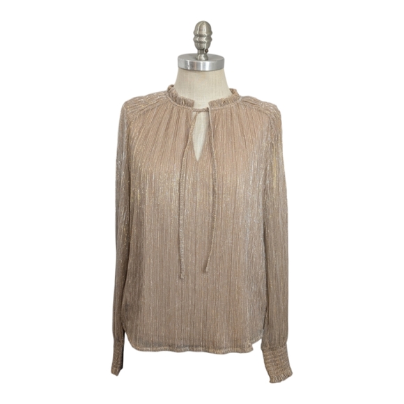 Joie Metallic Gold Ruffle Tie Front Peasant Blouse Size Medium - Picture 1 of 14